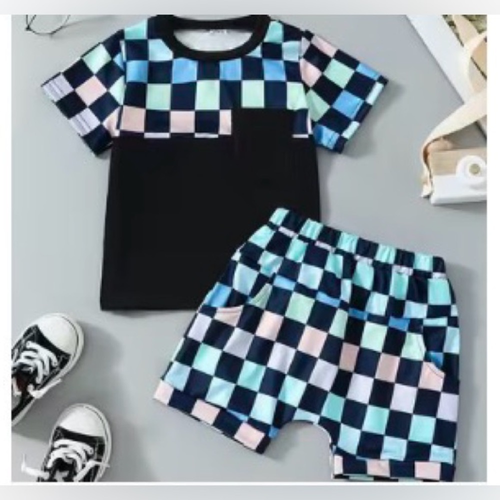 Kids Checkered Matching Set - Black and Blue